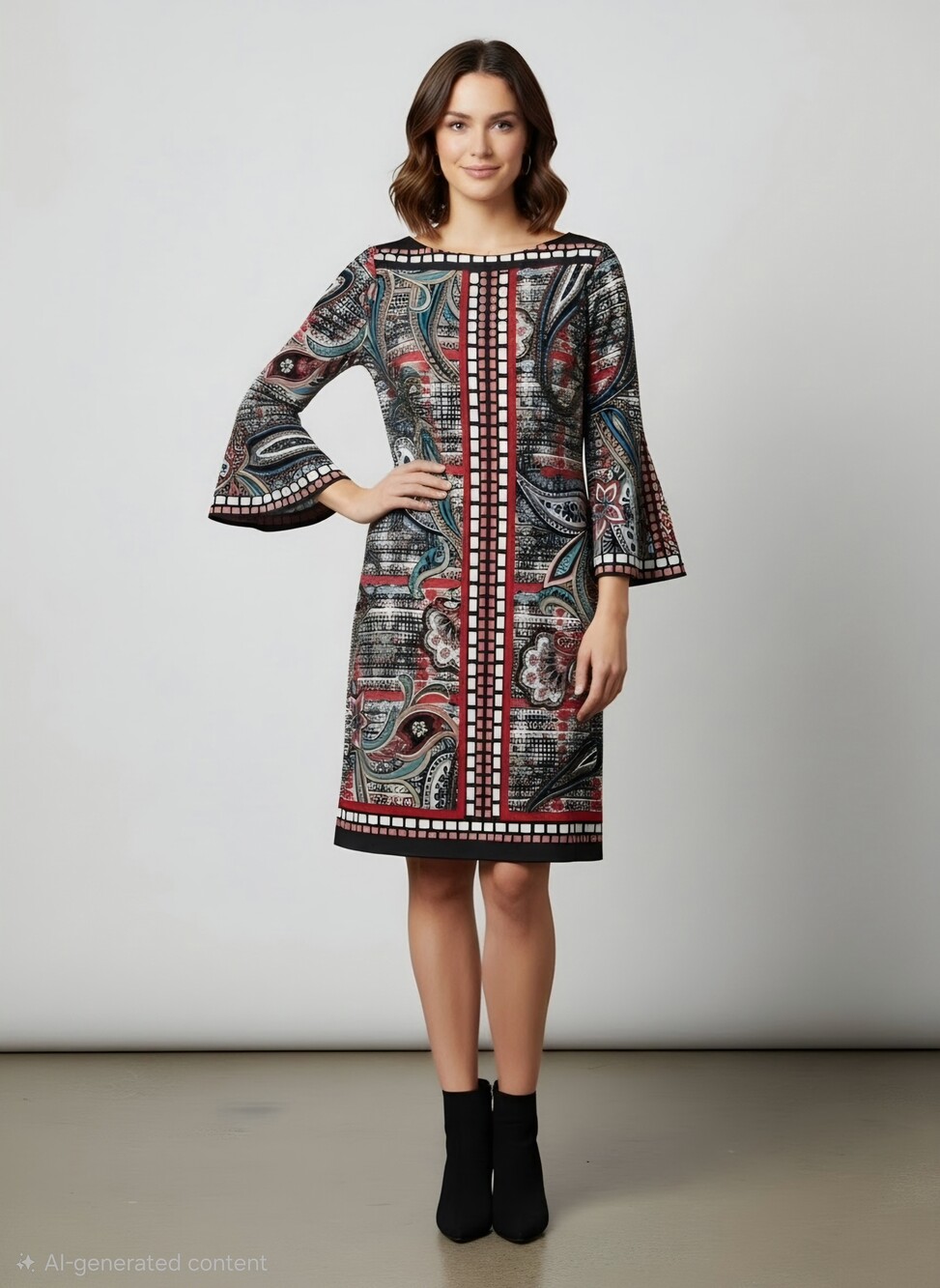 Beige By Eci Paisley Geometric Bohemian Dress in Black & Red Size 10 Bell Sleeve